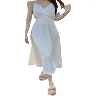 2023 French Style White V-Neck Beach Dress for Women