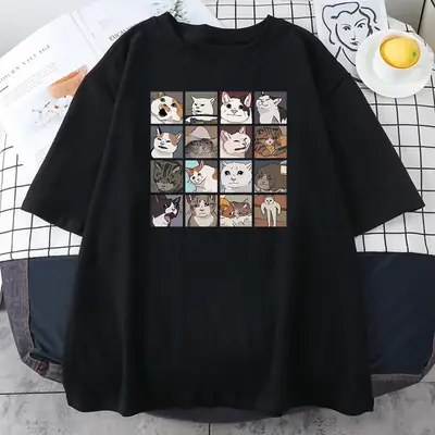 Women Black Cat Dog Print T-Shirt Short Sleeve Hip Hop
