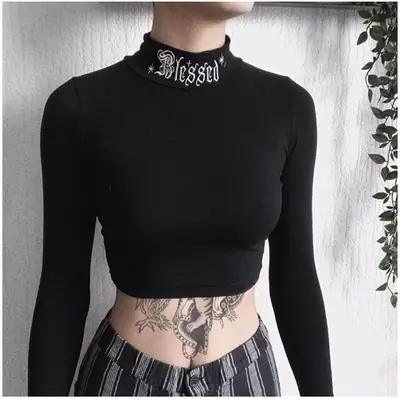 Diablo Style High Neck Embroidered Top Women's Tight Fit Navel Exposed Long Sleeve