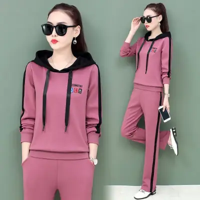 Women's Pink Hooded Sweatshirt Track Suit Set