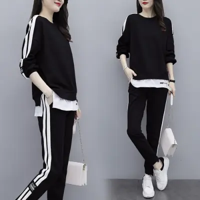Women Korean Fashion Light Blue Sweatpants Set Large
