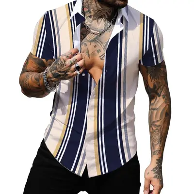 Men's Red White Striped Short Sleeve Shirt Large