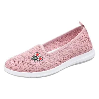 Pink Knitted Women's Slip-On Shoes with Red Embroidery