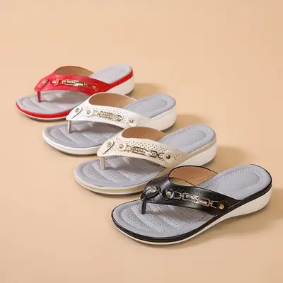 Women's Red White Flip Flops with Pearl Decor