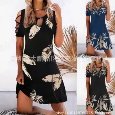 2022 Printed Off-Shoulder Mid-Waist Dress Blue Black