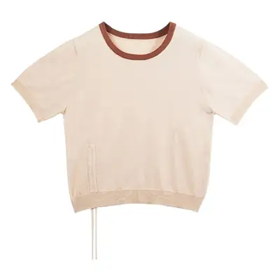 Women Ice Silk Knit T-Shirt Solid Beige Round Neck