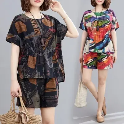 Plus Size Printed T-Shirt Shorts Set Loose Fashion Suit
