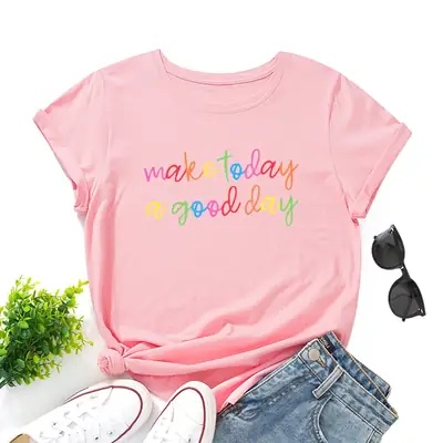 Women Cotton T-Shirt A Good Day Print Green
