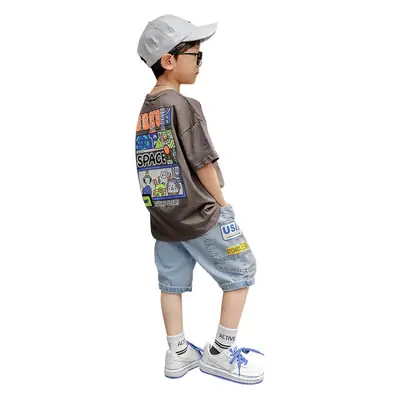 Boys Cartoon Print Shorts Set Gray Short Sleeve T-Shirt