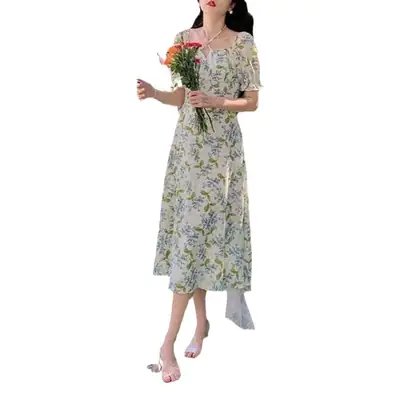 French Style Floral Lace-Up 2022 Dress Women