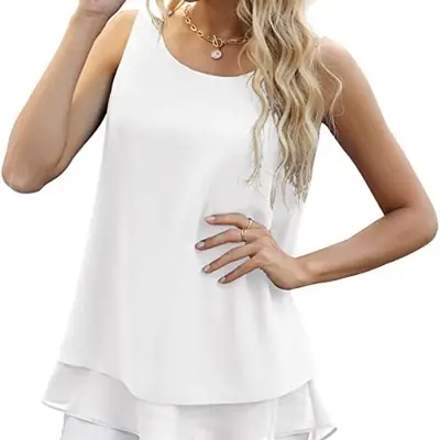 Women's Blue Chiffon Sleeveless Vest Top Double Layer Casual Top Belted Top