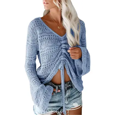 2023 Summer Beige Knitted Drawstring Sweater for Women