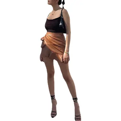 High Waist Ruffled Leather Skirt for Women