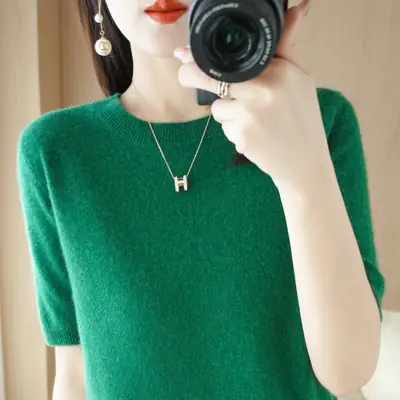 Women Knitted Round Neck Pullover Short Sleeve Summer Wear