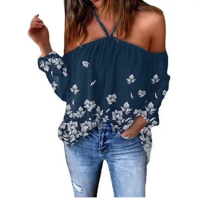 Purple Floral Halter Neck Off Shoulder Top