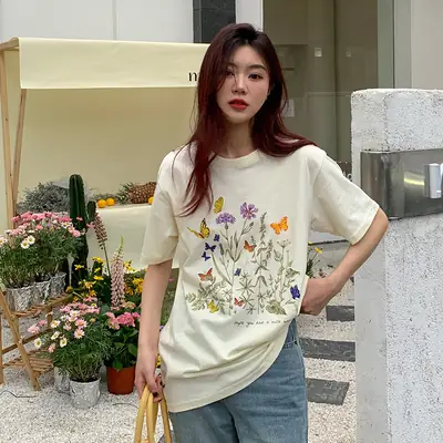 Women Cotton Floral Print T-Shirt Mid Length Short Sleeve
