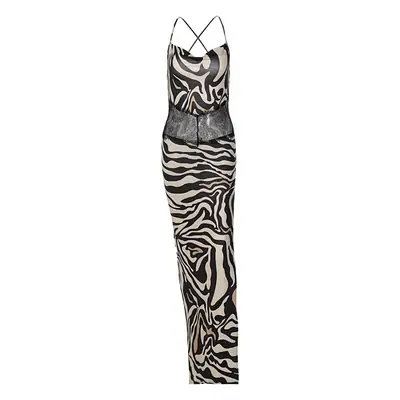 Women Printed Backless Strap Slit Dress Winter New Fashion