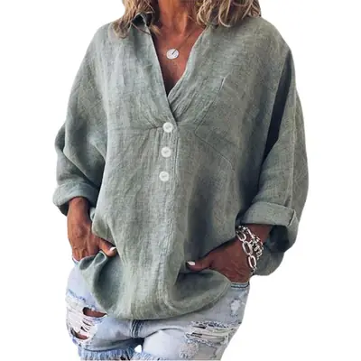 2023 V Neck Linen Button Pullover Women