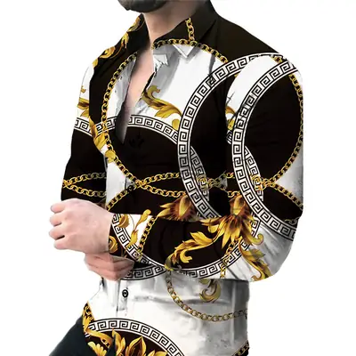 2026 Men's 3D Digital Print Shirt Navy Blue Gold Pattern