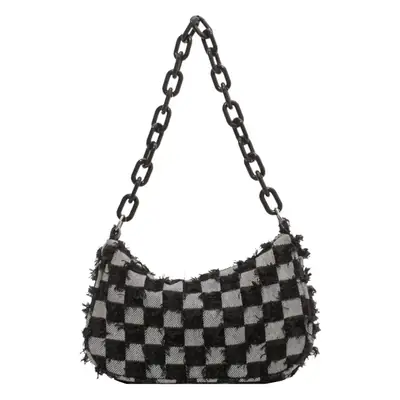 Vintage Checkered Crossbody Bag Women Blue Denim Chain