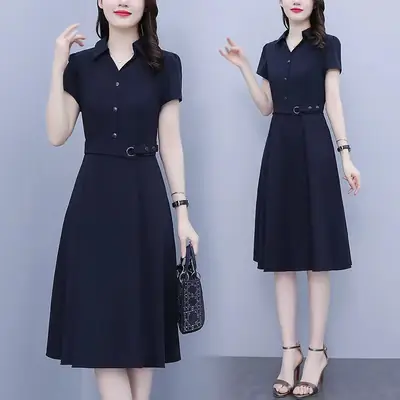 Large Size Women's 2022 Summer Dress Dark Blue Slim Fit
