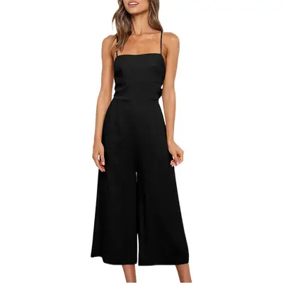 Women Cotton Linen Wrap Waist Lace-Up Jumpsuit White