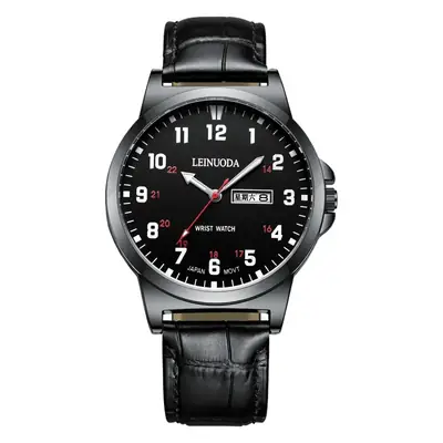 Men's Waterproof Leather Watch with Dual Calendar & Digital Dial