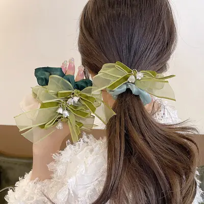 Black Lily of the Valley Hair Tie with Green Leaves