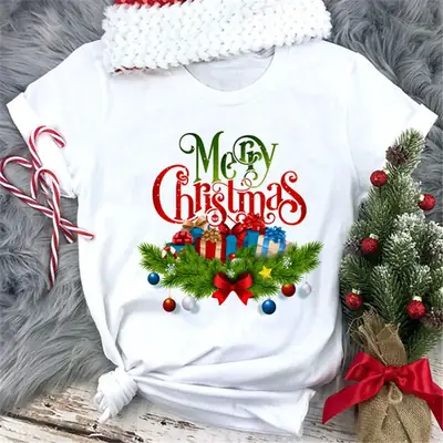 Women White Merry Christmas T-Shirt with High Heel Cartoon Print