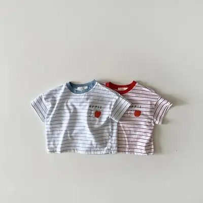INS Baby Striped T-Shirt Boys Girls Apple Logo
