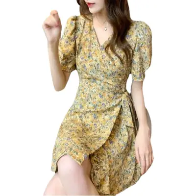 French Floral Skirt Dress V Neck Lace Up Summer Wear