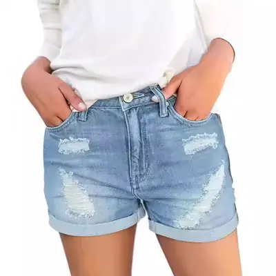 Factory European American Cross Border Denim Shorts Slim Ripped Cuffed
