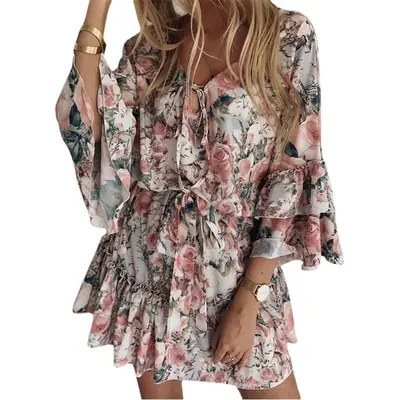 2022 Printed Chiffon V-Neck Dress for Women