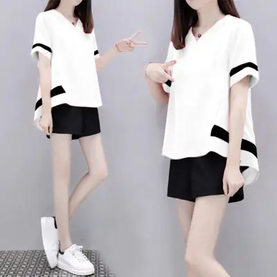 Women's White Black Short Sleeve Loose Summer Suit