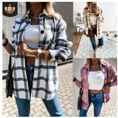 Women Plaid Flannel Shirt Jacket Autumn Winter Loose Casual