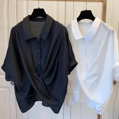 Women Loose Sleeve Shirt Navy White Summer Casual