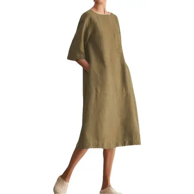 Large Cotton Linen Mid Sleeve Round Neck Dress
