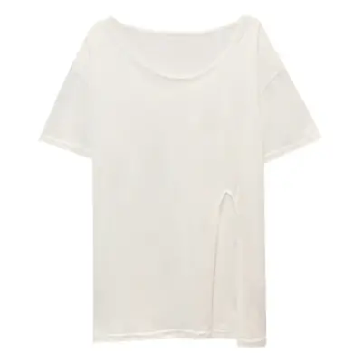 Women White Slit V-Neck T-Shirt Summer 2025