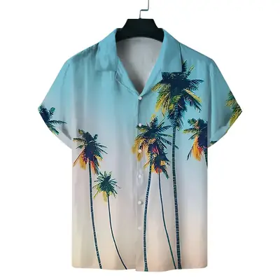 Cuban Collar Printed Short Sleeve Shirt Blue Beige