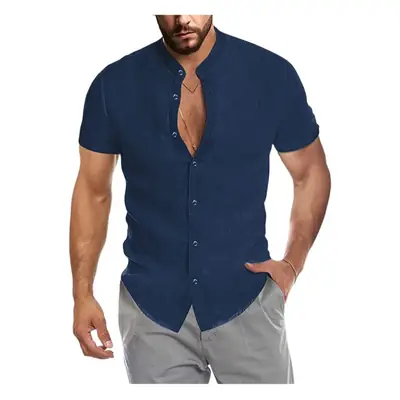 Men's V Neck Short Sleeve Button Down Shirt Light Blue