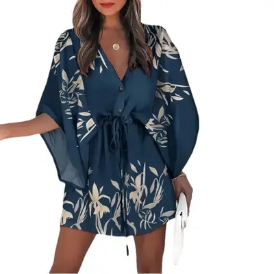 Cross-Border Flying Sleeve V Neck Lace-Up Dress for Women