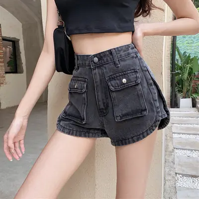 Women Denim Shorts High Waist Slimming Pocket Hot Pants Grey Wide Leg A-Line