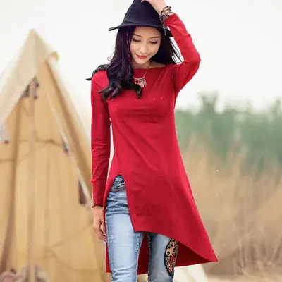 Women Long Sleeve Embroidered T-Shirt Red Mid-Length Ethnic