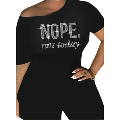 Women Black T-Shirt Shorts Set Nope Print Casual Outfit