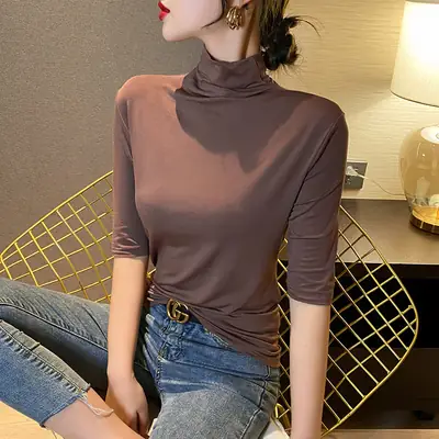 Women's Pure Cotton Turtleneck Mid Sleeve Top