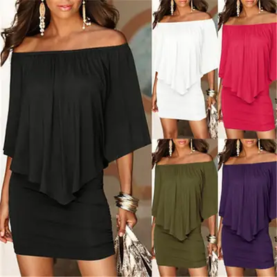 Women's Navy Blue Off-Shoulder Pleated Mini Dress