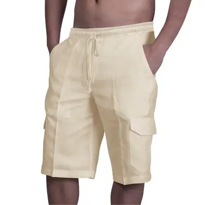 Men Light Blue Linen Shorts with 4 Pocket Drawstring
