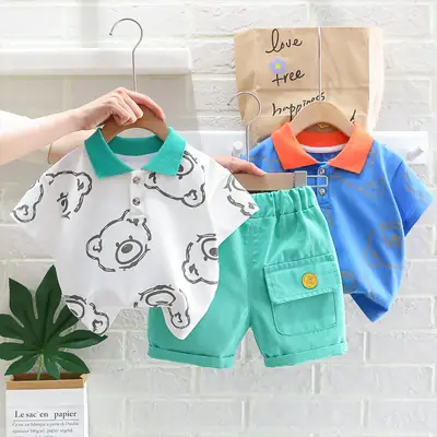 Blue Printed Boys 2Pc Summer Suit Orange Shorts