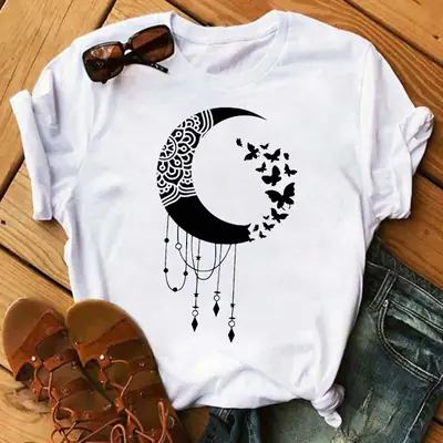Women Pink Moon Butterfly T-Shirt with Star Design