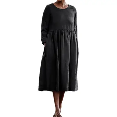 Women's Long Sleeve Cotton Linen Dress Beige